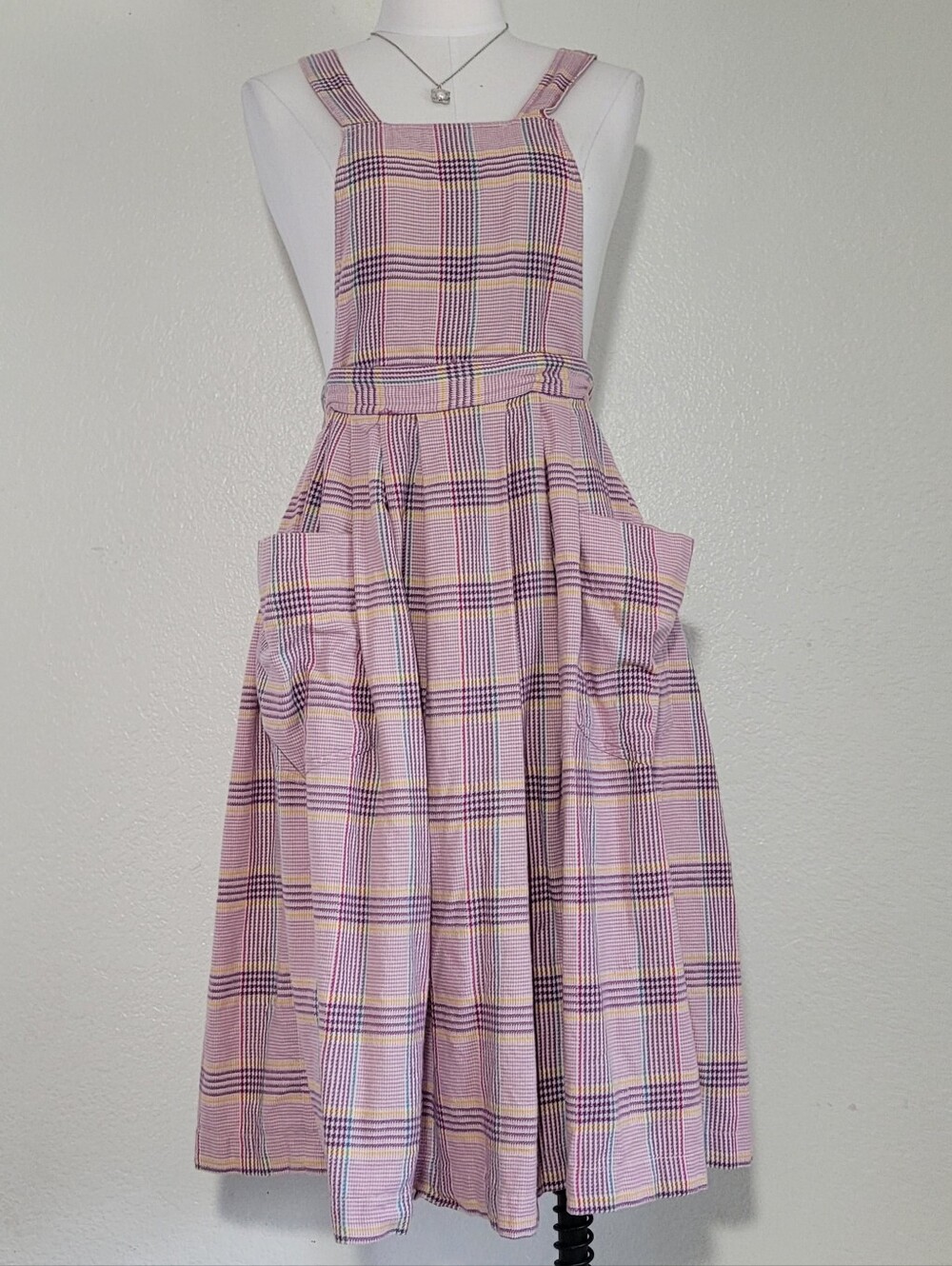 Vintage Y2K Pink Purple Plaid Pinafore Dress with Front Pockets Size 4 Petite